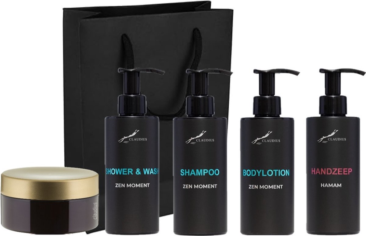 Goedkoopste Compleet pakket Zen Moment - Shower & Wash Shampoo Bodylotion Hamam Handzeep Scrubzout 300 gram - 300 ml per fles - complete set van 5 stuks - met luxe gift tas - kerst cadeau - giftset voor hem en haar