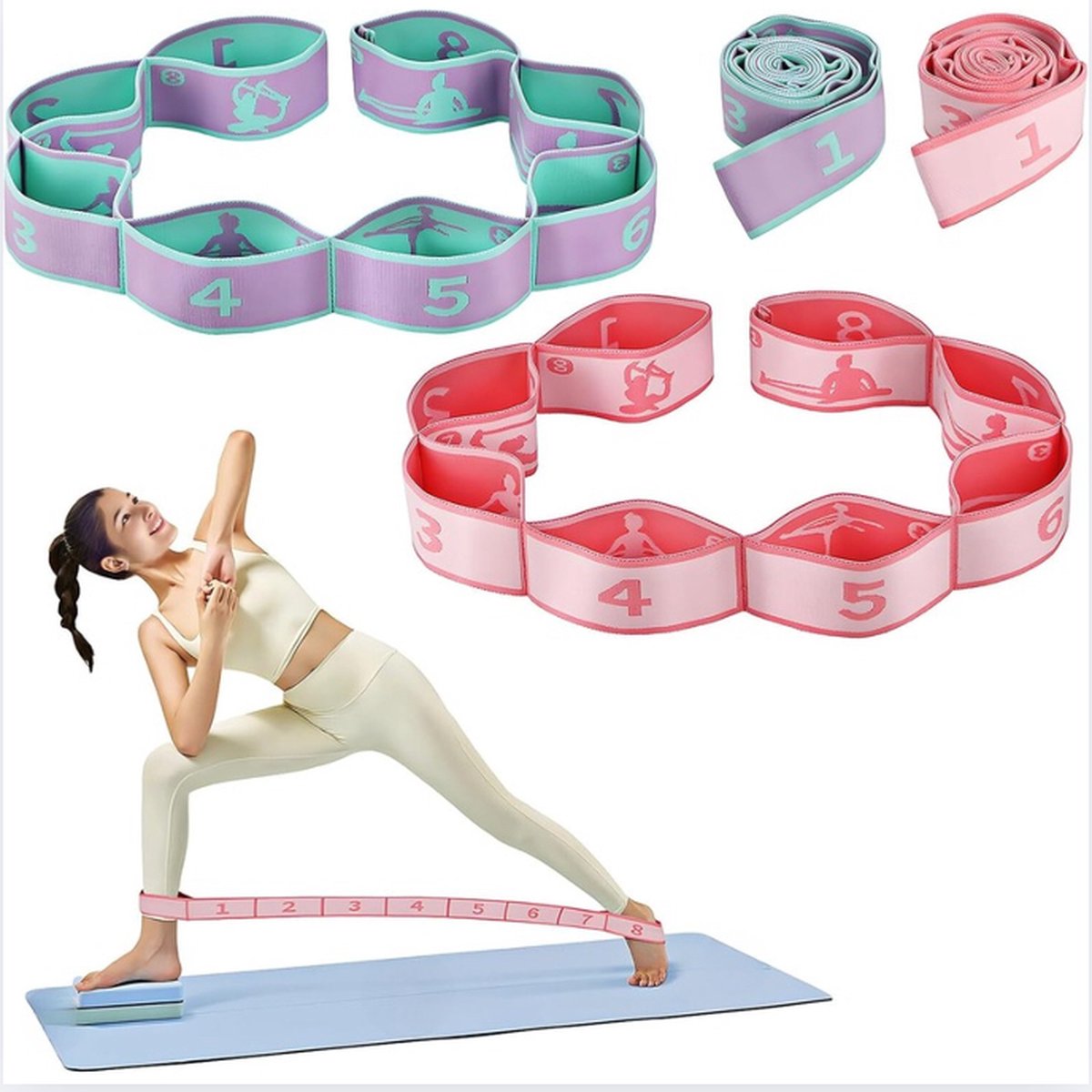 Set van 2 yogariemen, yogariemen met hoge elasticiteit om te stretchen, flexibele band met 8 lussen, stretchbanden voor flexibiliteit, stretchband voor gymnastiekapparatuur, fitnessflexband voor yoga, gym