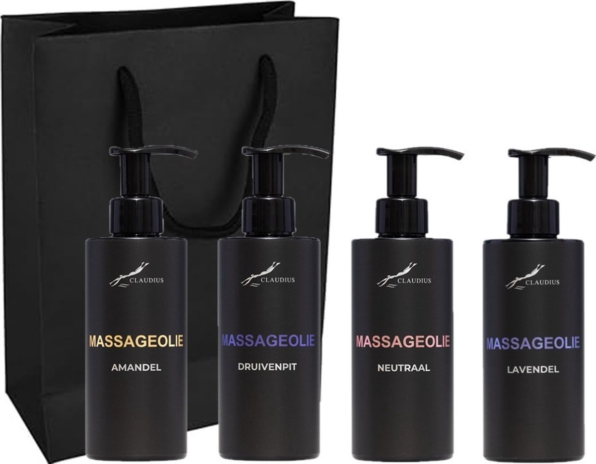Goedkoopste Massageolie Set - Lavendelolie 100 Amandelolie Massageolie Neutraal 100 natuurlijke druivenpitolie - 300 ml per fles - set van 4 stuks - met luxe gift tas - cadeau - giftset voor hem en haar
