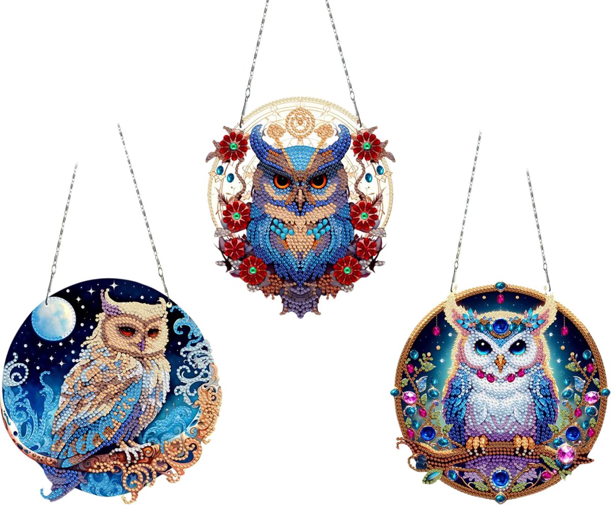 Adorzy Diamond Painting Raamhangers – 3 stuks – Zonvanger - Diamond Painting Volwassenen – Diamond Painting Kinderen – Raamhangers Uilen