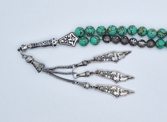 Tasbih naam fait main 33 Perles Natuursteen « Howlite verte filée or » - avec pompon métal « Palestine » - Avec votre naam ou le naam de votre bien-aimé - Diamètre du grain 8 mm