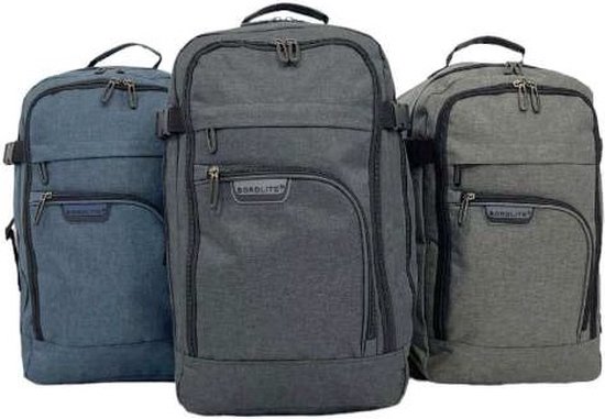 Drie Bordlite rugzakken in grijs, donkergrijs en blauw