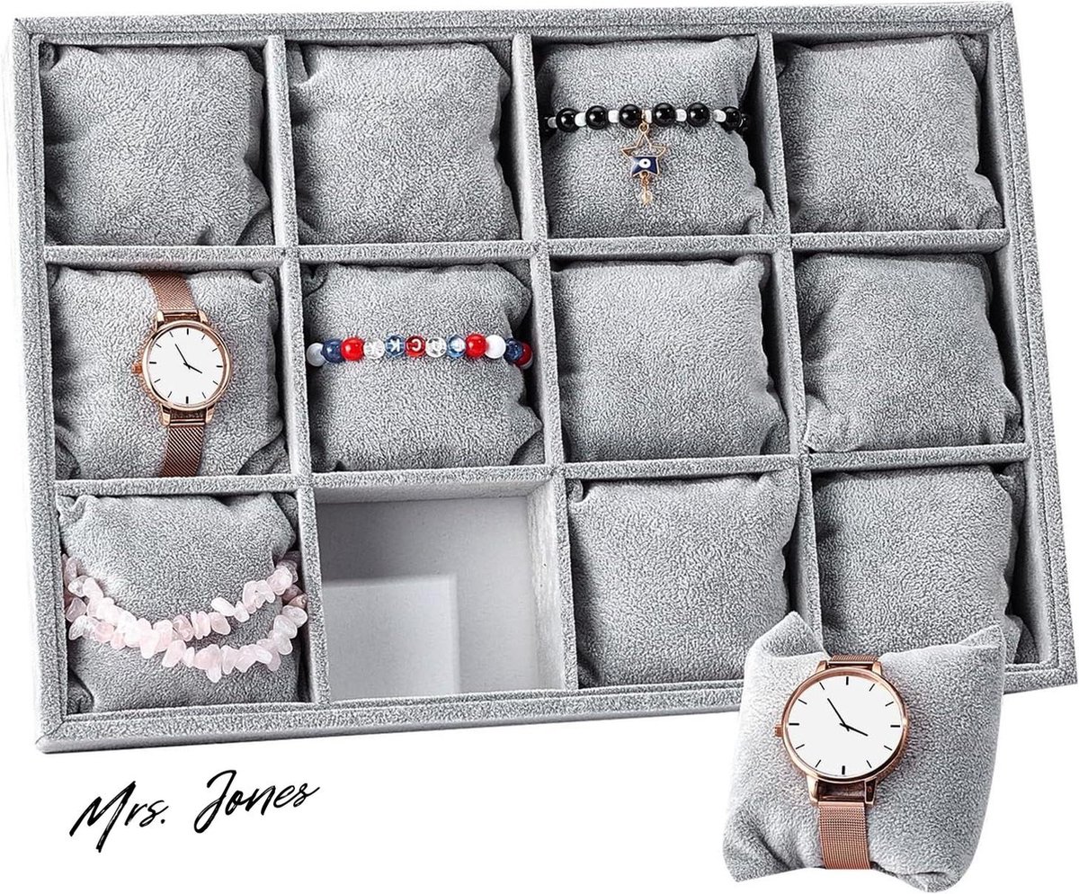 Mrs. Jones Horloge Tray Organizer 12 Grid Fluwelen Armband Display Showcase - Verstelbaar Kussen voor Bangle Horloge Opslag 35x24x5cm .