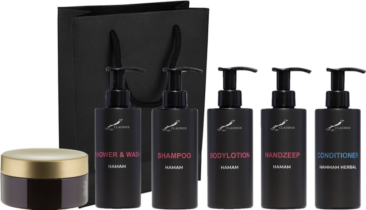 Goedkoopste Compleet pakket Hamam - Shower & Wash Shampoo Bodylotion Handzeep Hammam Herbal conditioner Scrubzout 300 gram - 300 ml per fles - complete set van 6 stuks - met luxe gift tas - kerst cadeau - giftset voor hem en haar