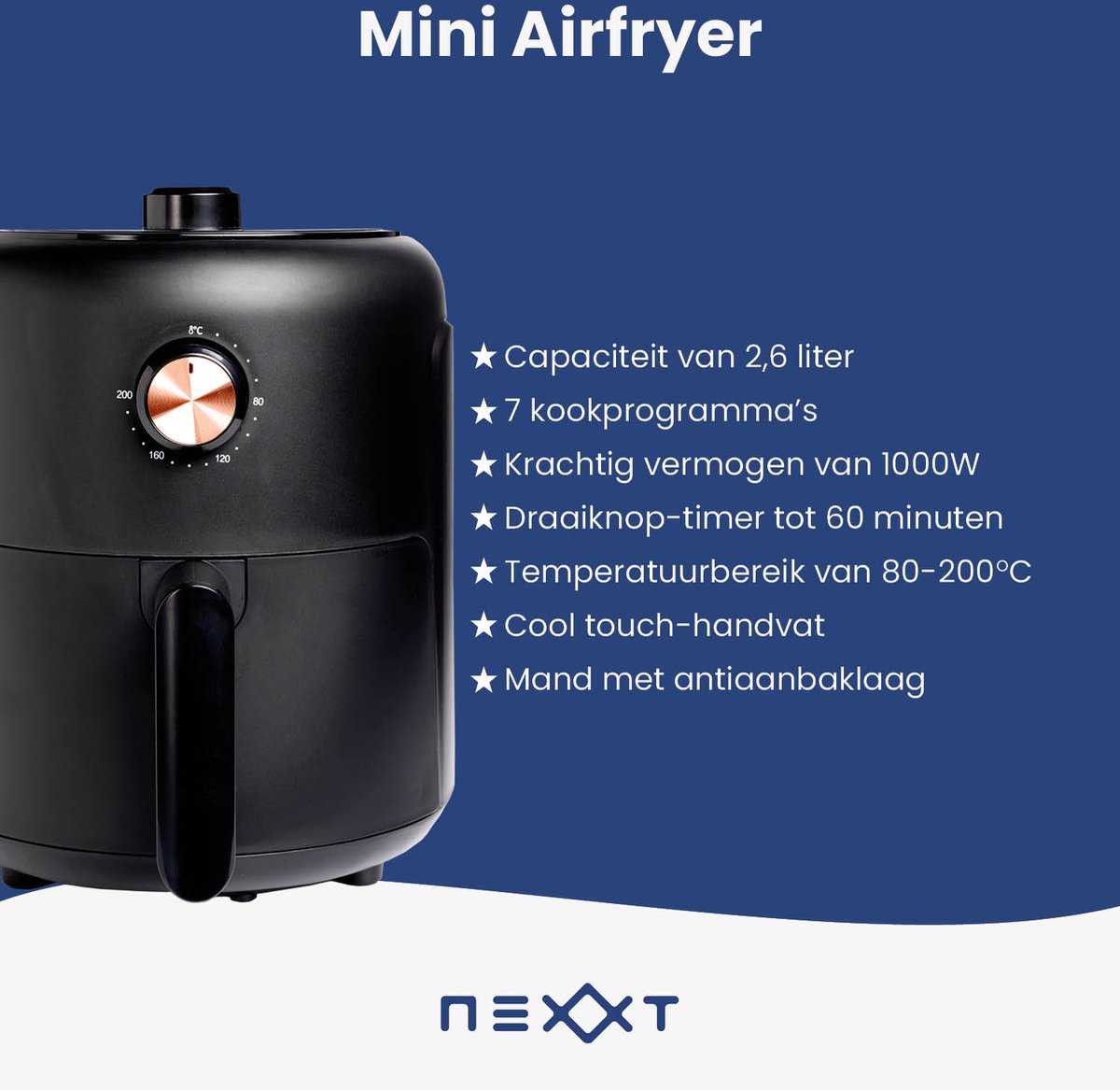 Afbeelding 2 van Nexxt Mini Airfryer met 8 Kookprogramma’s – Heteluchtfriteuse van 2,6 Liter voor Bakken, Grillen, Braden – Timer en Automatische Uitschakeling – 1000W