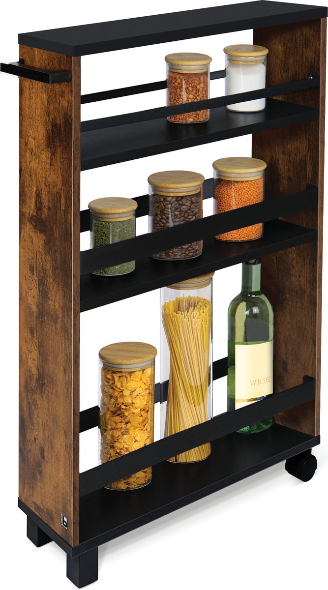 bomoe Hylla – Keukentrolley op Wieltjes 50x79x15 cm – Serveerwagen Hout met 3 Planken & FSC® werkblad – Bruin & Zwart