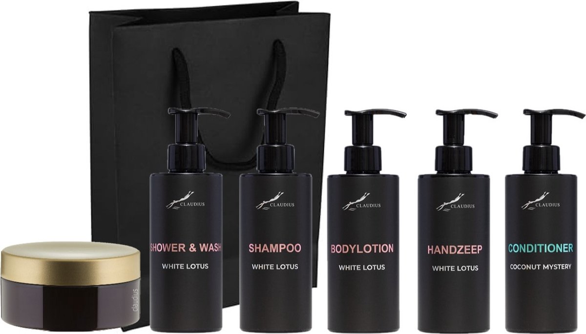 Goedkoopste Compleet pakket White Lotus - Shower & Wash Shampoo Bodylotion Handzeep Coconut conditioner Scrubzout 300 gram - 300 ml per fles - complete set van 6 stuks - met luxe gift tas - kerst cadeau - giftset voor hem en haar