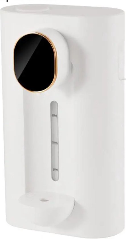 Witte dispenser met gouden rand rond het digitale display. Waterniveau-indicator aan de zijkant.