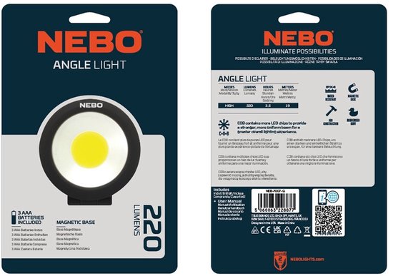 Nebo Angle Light verpakking, met het product afgebeeld en "220 lumens" vermeld.