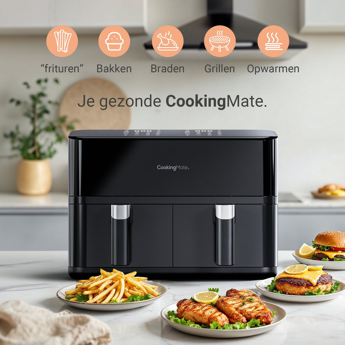 Afbeelding 2 van CookingMate Dubbele Airfryer - Dual Zone - 9L - Airfryer XXL - Heteluchtfriteuse - 2 x 4.5L - 10 Kookprogramma's - Friteuse - Dubbele Mand Airfryers - Zwart