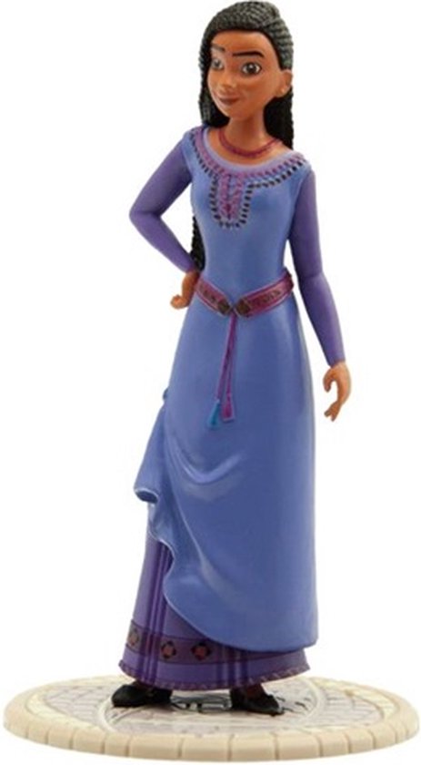 Asha figuur in paarse jurk met gestreepte rok en rode ketting, staand op een ronde basis.