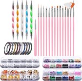 Evvie© Nail Art Kit - Penselen met Dotting tools - Strass steentjes - Rhinestones - Nagel folie - Diamantjes - Striping tape – 65-delig