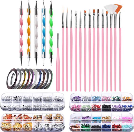 Foto: Evvie nail art kit penselen met dotting tools strass steentjes rhinestones nagel folie diamantjes striping tape 65 delig