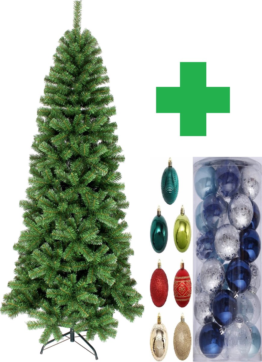 Premfy Smalle Kunstkerstboom 210 cm - Inclusief Kerstballen Versiering - met 760 takken - Mooi Vol - Zonder verlichting - Pencil Pine - Extra smalle Kunstkerstboom - Kerstboom voor smalle of kleine ruimtes - GROEN - Inclusief Standaard - Kunststof