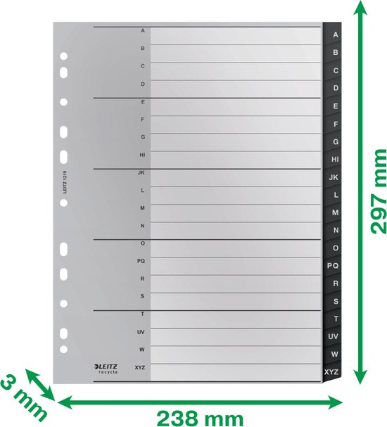 Onglets gris avec lettres noires A-Z. Dimensions 238 x 297 mm. Leitz recycle.