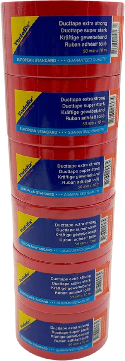Verlofix Duct Tape - 6 rollen - 50 mm Breed - Rol van 10 Meter - Plakband - Grote Kleefkracht - Zeer Sterk - Waterdichte tape - Rood