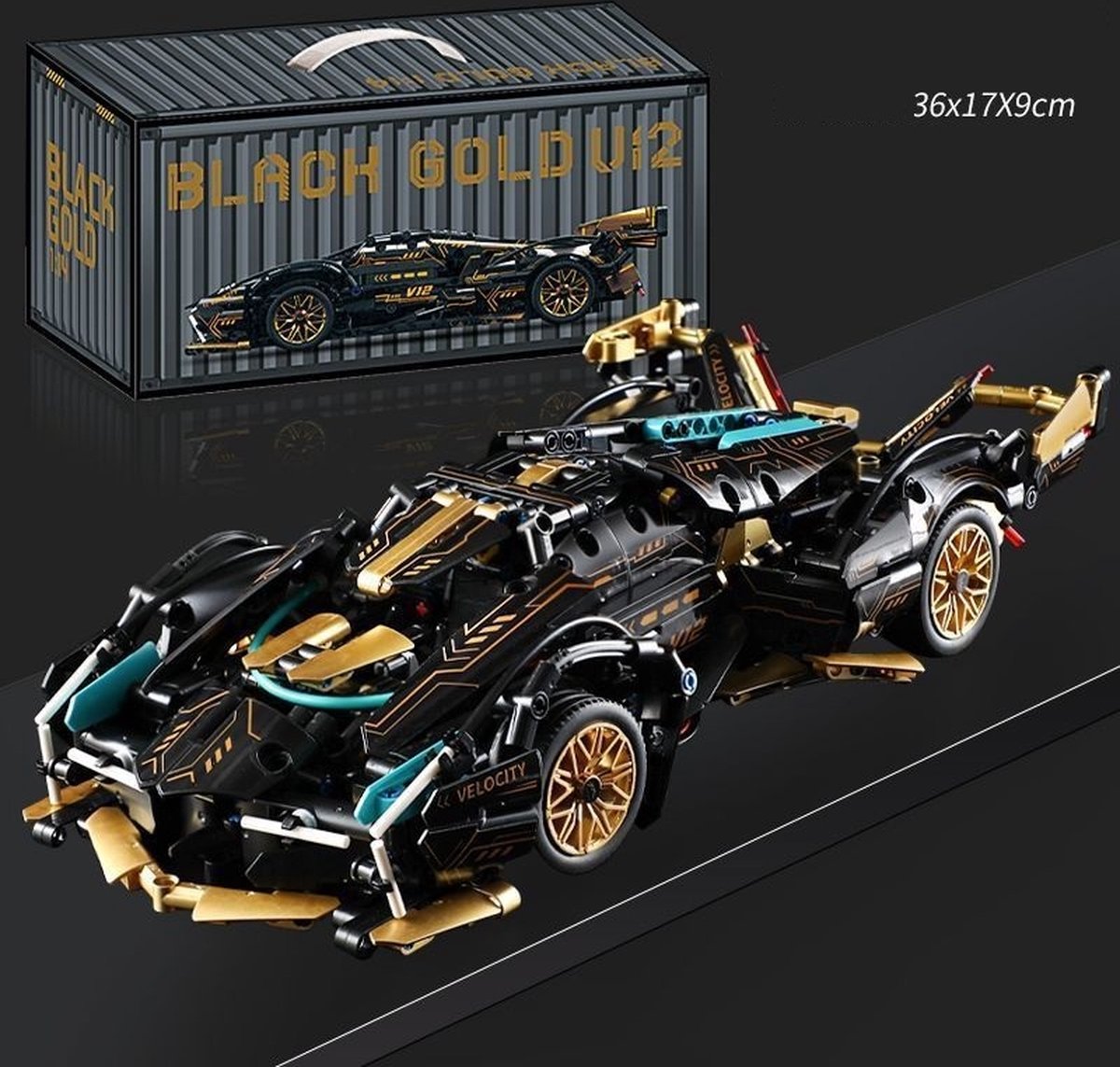 Supercar-bouwset, automodelbouwspeelgoed op schaal 1:14, racewagen /verjaardags- en vakantiecadeaus Zwart en Goud(1012 stuks)
