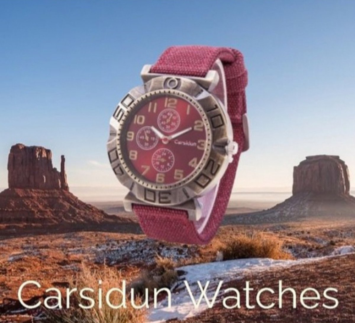 Carsidun Watches - Bronze numbers - jeans - denim stof - nr. 65 Rood - Bronze look - 3ATM - dames - heren horloge - volwassenen jeugd - unisex - casual