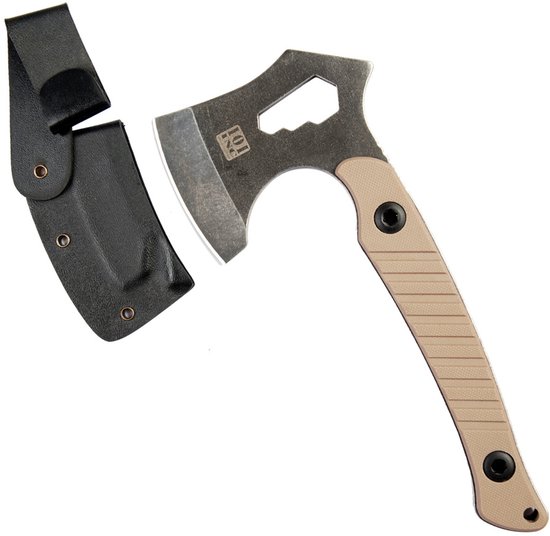 Zilverkleurige handbijl met khaki handvat en zwarte schede.
