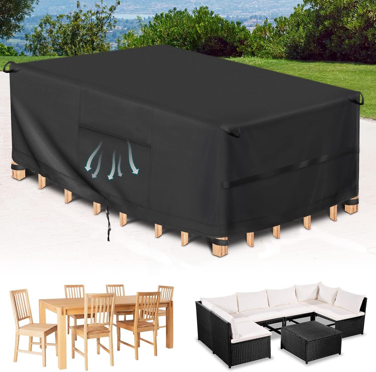 Eyein Afdekking voor tuinmeubelen Verbeterd, met ventilatieopeningen, draaggreep en waterdichte lijm, 420D anti-UV regenbescherming stofbestendig beschermhoes tuinmeubels (170 x 95 x 74 cm)