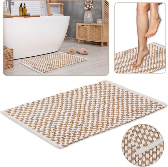 Collage met een badkameropstelling, een close-up van de mat en voeten op de mat.