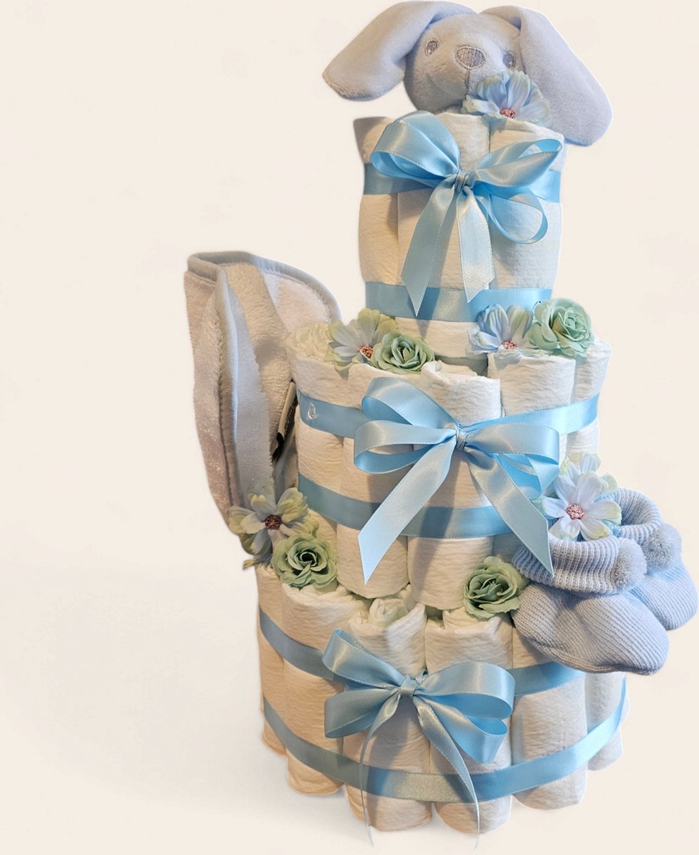Goedkoopste Luiertaart - 3 lagen - blauw - slofjes - knuffelkonijn - slabber - pampers