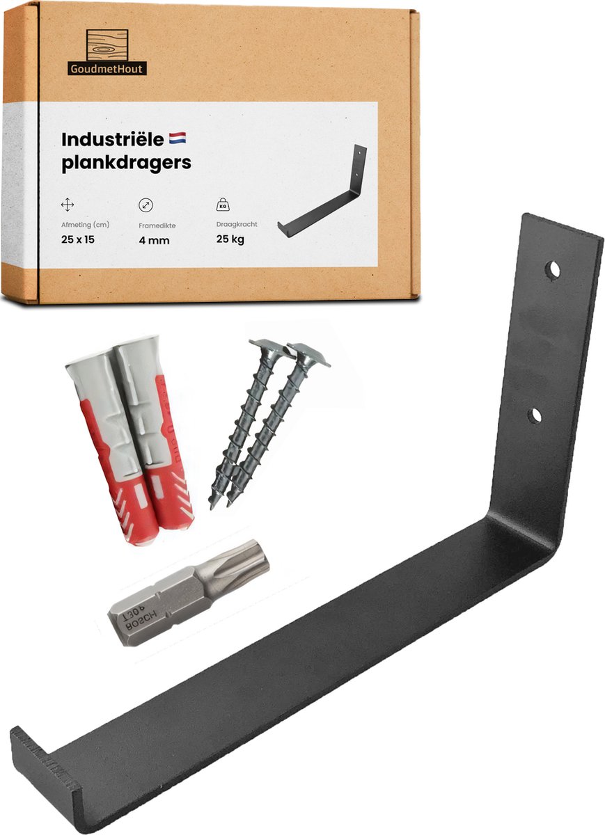 GoudmetHout® Industriële Plankdragers L-vorm UP - 25 cm - Stalen Plankdrager voor Wandschap, Muurrek of Wandconsole - Max 25 kg - 1 stuk - Mat Blank