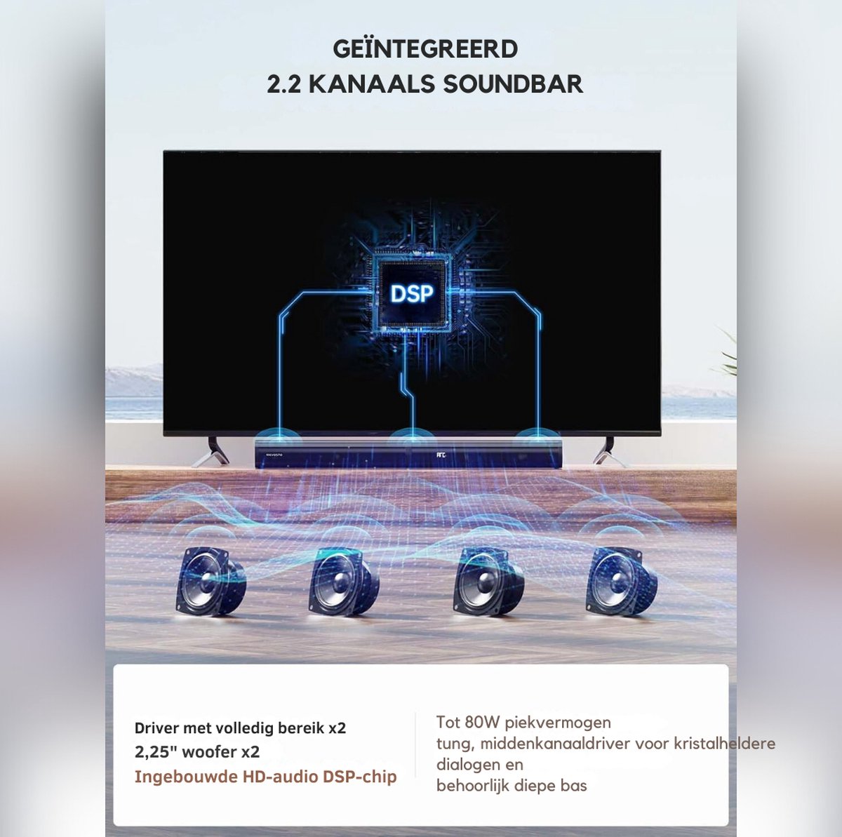 Afbeelding 2 van Soundbar Met Ingebouwde Dubbele Subwoofer – Soundbars Voor TV – Met Afstandsbediening - Home Cinema System – Wandmontage Soundbar Surround Sound – 80 Cm – Zwart