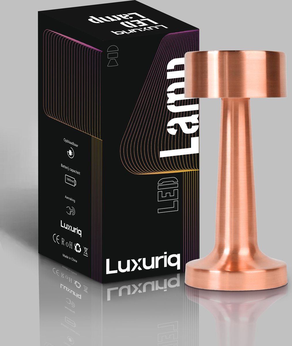 Luxuriq® Tafellamp Oplaadbaar - Tafellamp Slaapkamer Industrieel - Decoratieve Tafellampen - Touch lamp - Dimbaar - Lamp zonder snoer - 20,5 CM - Roségoud