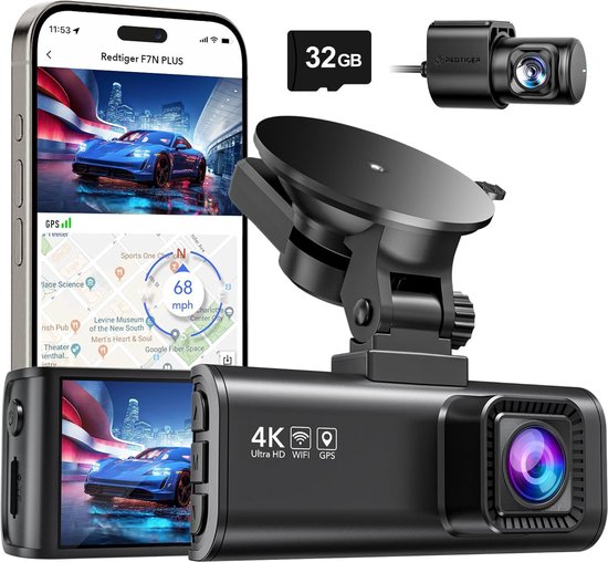 RedTiger F7NP Dual Dashcam voor auto - Ultra 4K & 1080P - Voor en Achter Camera - WiFi en GPS - 3,18 Inch met App - Sony Sensor - Dashcams - Parkeerbewaking - G Sensor - Loop opname - Full HD achter camera - Met 32GB SD Kaart