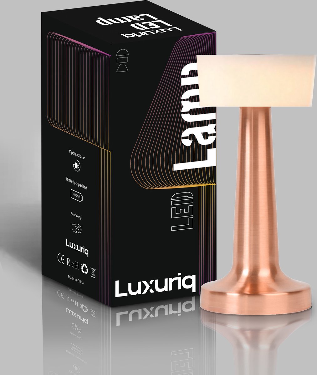 Luxuriq® Luxe Tafellamp Oplaadbaar - Tafellamp Slaapkamer Industrieel - Decoratieve tafellampen - Touch lamp - Dimbaar - Lamp zonder snoer - 21,5 CM - Roségoud