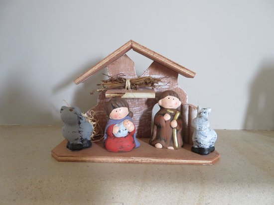 Houten kerststalletje - stenen beeldjes - 20 x 8 x 14
