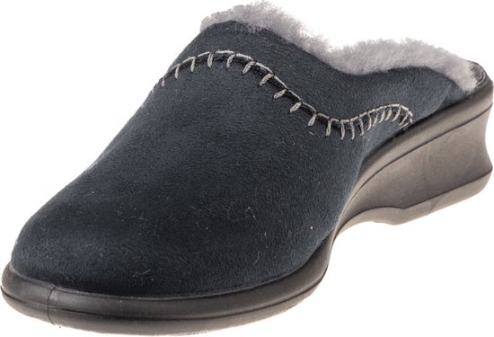Mule pantoufle bleu foncé avec doublure en fourrure grise et coutures décoratives.