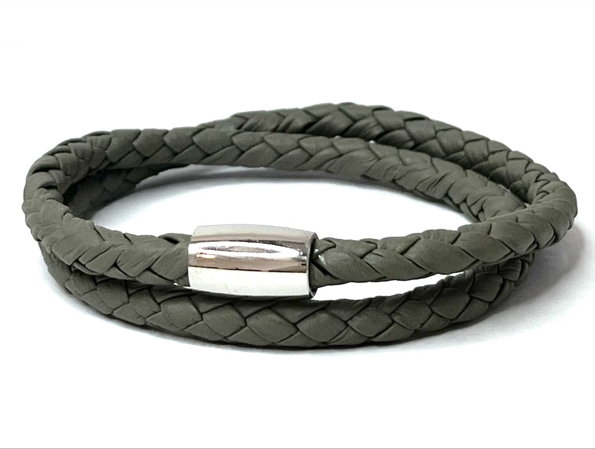 NIEUW! Jolla - dames armband - magneet - staal - gevlochten leer - Braided Steel - Licht Grijs