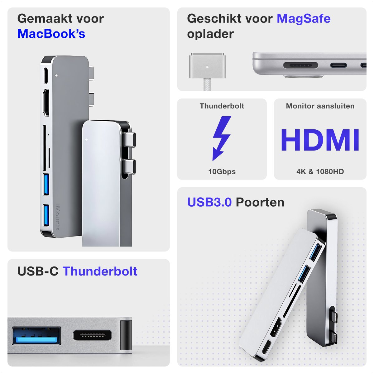 MacBook USB-C Hub Zilver voor Air Pro Neo – HDMI 4K, 2x USB 3.0, SD Card Reader, Thunderbolt 3 Opladen - Afbeelding 4
