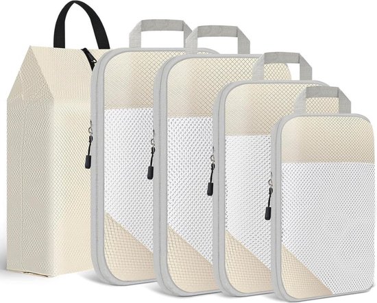 Cubes De Rangement Voyage 8 En 1 - Sac Organisateur Avec Poignée Pour Valise - 8 Poches De Tailles Différentes - Gain De Place - Beige