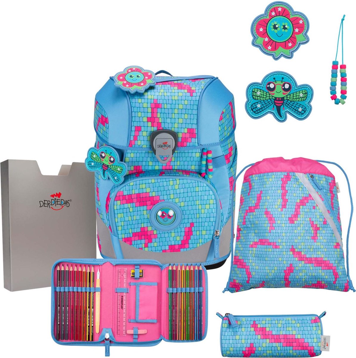 DerDieDas Schooltas ErgoFlex Tiny Schulranzenset 5-delig Happy Pixel Lichtblauw