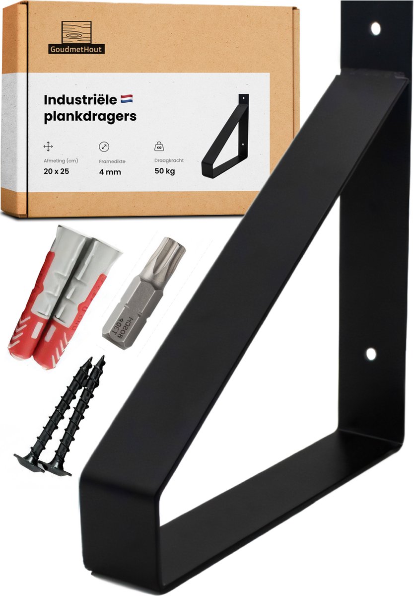 GoudmetHout® Industriële Plankdragers - 20 cm - Stalen Plankdrager voor Wandschap, Muurrek of Wandconsole - Max 50 kg - 1 stuk - Mat Zwart