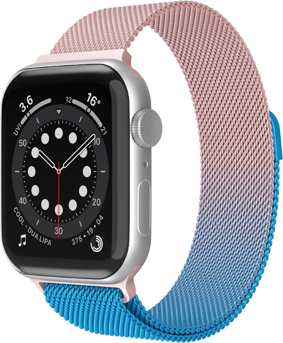 Bandje geschikt voor Apple Watch - 44mm - 45mm - 46mm - 49mm - Series 4/5/6/SE/7/8/Ultra/Ultra 2/Ultra 3/ Watch 10 & Watch 11 - RVS - Magnetisch bandje - Rose/Blauw