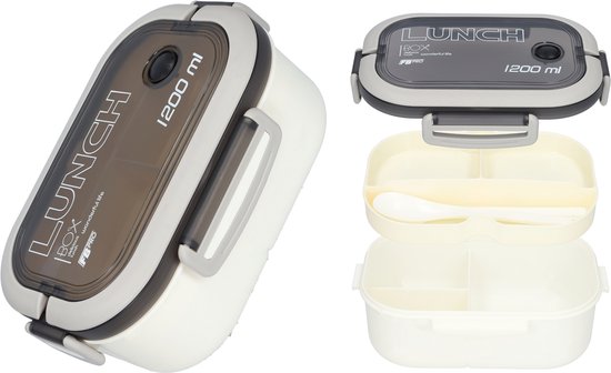 Lunchbox - Luxe bentobox - Bento box Voor volwassenen en kinderen - 3 vakjes - Lepel en vork inbegrepen - Ook te gebruiken als broodtrommel - Luchtdicht en lekvrij - 1200 ml - Wit