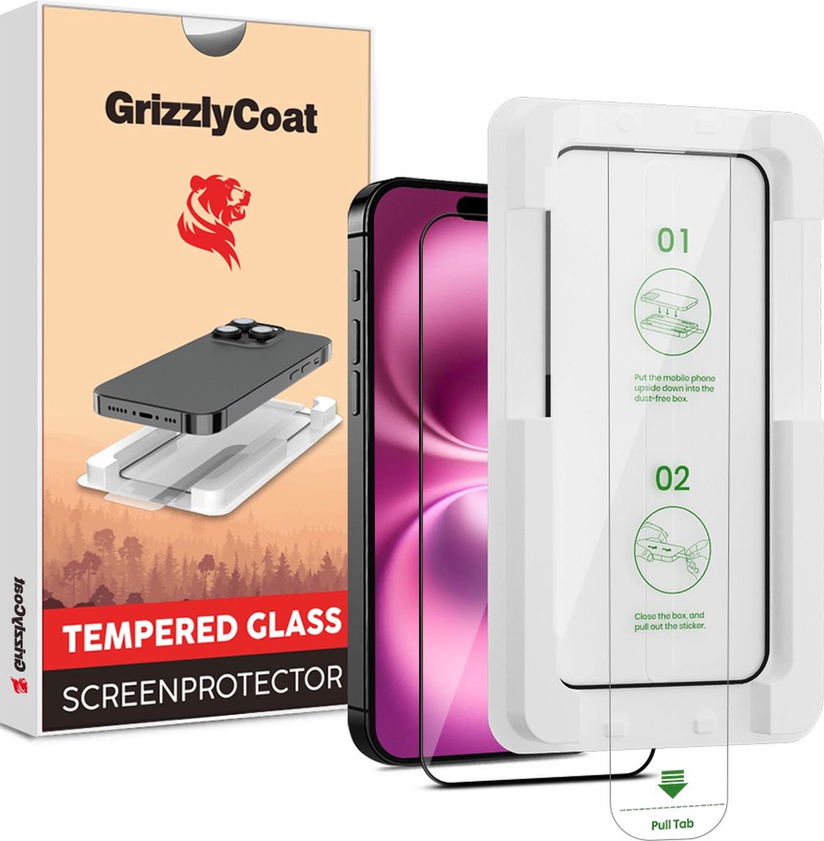 GrizzlyCoat Screenprotector geschikt voor Apple iPhone 16 Glazen | GrizzlyCoat AlignPro Screenprotector - Case Friendly + Installatie Frame - Zwart