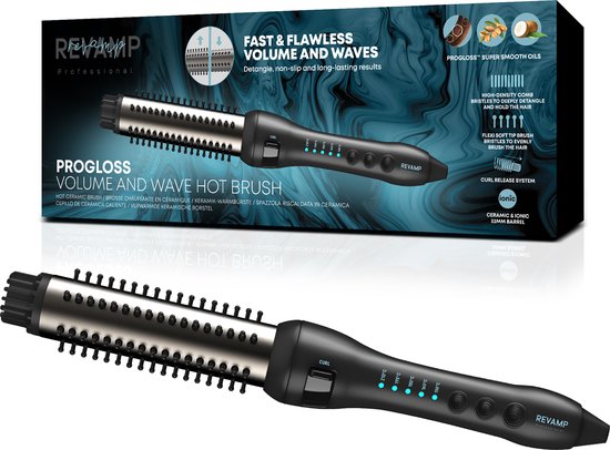 Revamp Progloss volume en wave hot brush föhnborstel, zwart met zilveren cilinder, 5 warmtestanden, intrekbare borstelharen en ionische technologie.