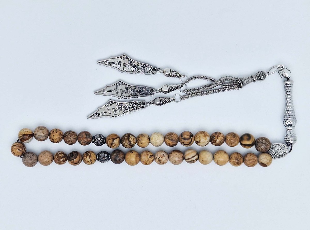 Handgemaakte tesbih klassiek - "Tasbih" natuursteen " Picture Jasper " - Aantal kralen 33 - Diameter kralen 8 MM - met metaal tassel "Palestina" - Een mooi cadeau-idee