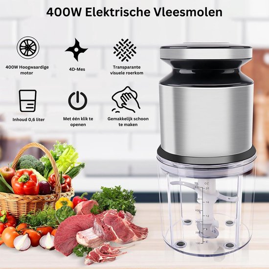 DailySuppliess® Elektrische Groentesnijder Multifunctioneel - Vleesmolen - Gehaktmolen - Uiensnijder - Zilver met Transparant — afbeelding 3