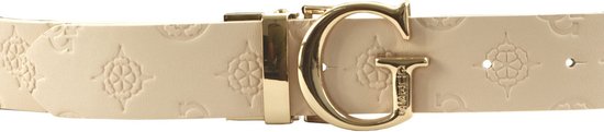 Lichtbruine Guess riem met een gouden gesp. De riem is versierd met een subtiel ingedrukt logo.