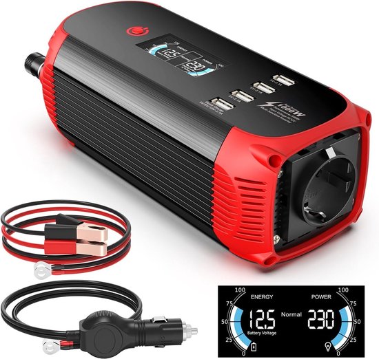 DailySuppliess® Omvormer 12v 230v Zuivere Sinus - Spanningsomvormer - 1000W - Zwart met Rood