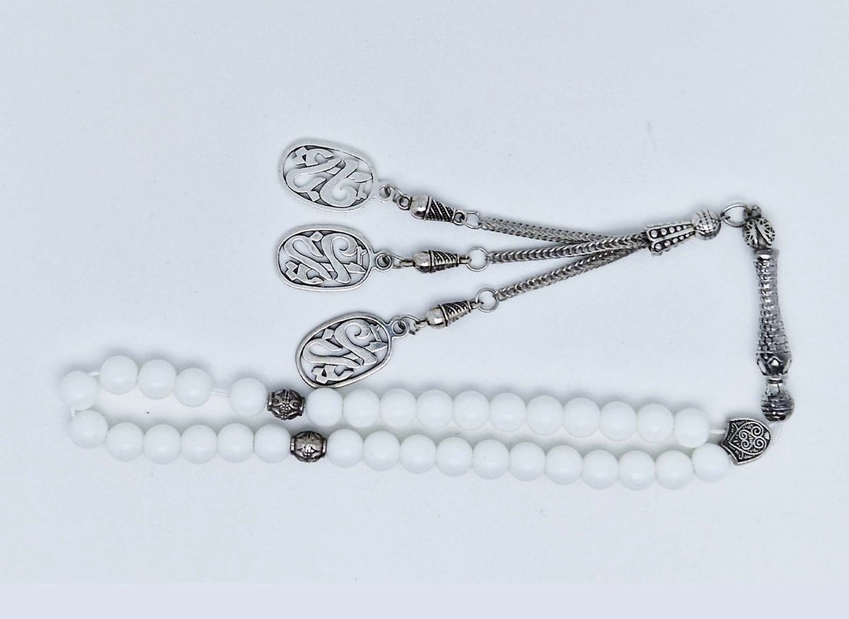 Handgemaakte tesbih klassiek - "Tasbih" natuursteen " Witte agaat" - Aantal kralen 33 - Diameter kralen 8 MM - met metaal tassel "yarab" - Een mooi cadeau-idee