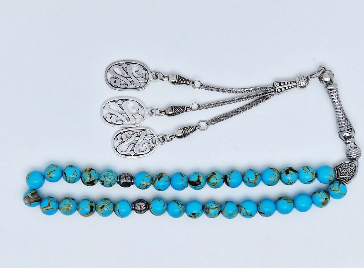 Handgemaakte tesbih klassiek - "Tasbih" natuursteen " Turkoois bakeliet" - Aantal kralen 33 - Diameter kralen 8 MM - met metaal tassel "yarab" - Een mooi cadeau-idee