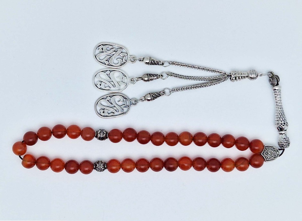 Handgemaakte tesbih klassiek - "Tasbih" natuursteen " Rood Agaat" - Aantal kralen 33 - Diameter kralen 8 MM - met metaal tassel "yarab" - Een mooi cadeau-idee