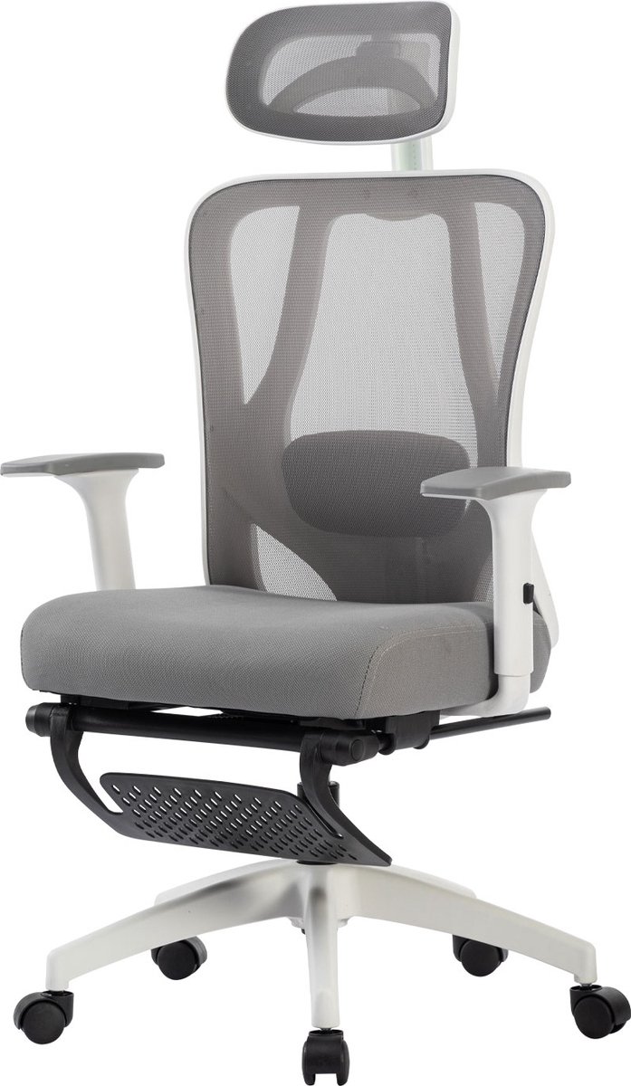 K IKIDO Bureaustoel - Ergonomische Bureaustoel met Armleuningen, lendensteun, kledingrek en voetsteun - Vergaderstoel - Office Chair voor Volwassenen - Kantoorstoel - Grijs